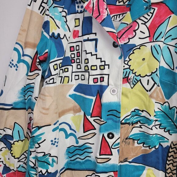 Additions by Chicos Boat Harbor Print Jacket Sz 3 XL Artsy Cotton Blend Long Slv - Picture 2 of 12